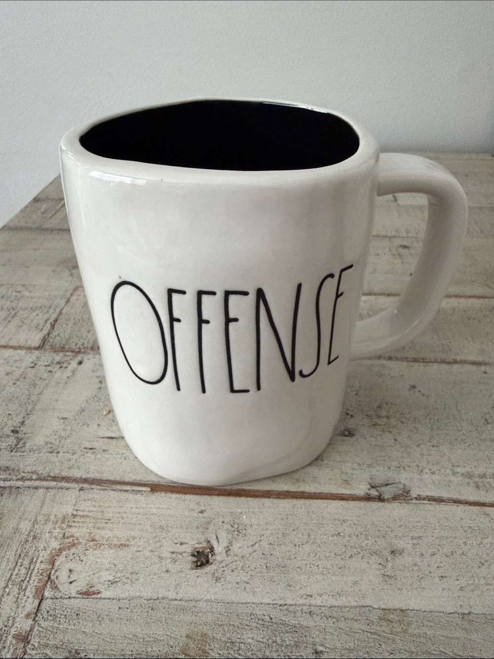 Rae Dunn White Mug with Black Interior and 'OFFENSE' & 'DEFENSE' Lettering